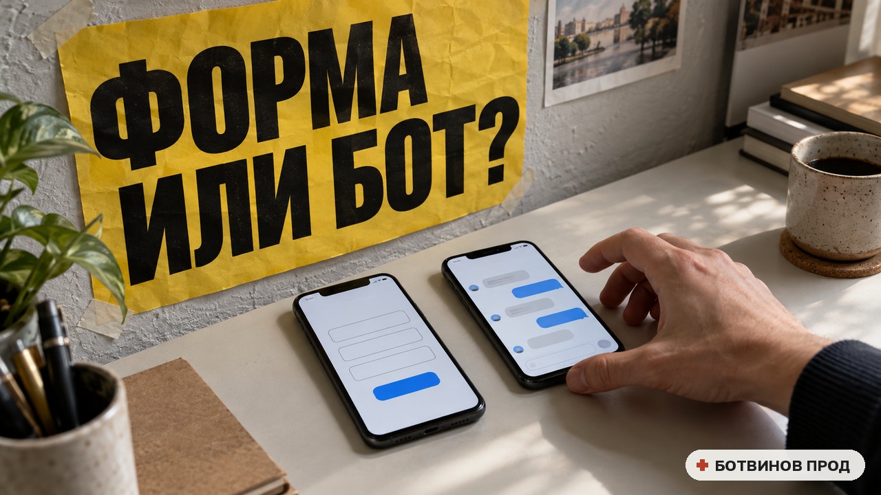 Два телефона: на одном форма заявки, на другом чат, на стене жёлтый плакат «Форма или бот?»