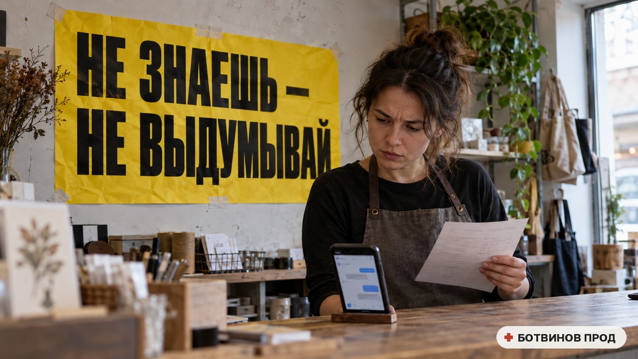 Владелица магазина читает переписку в телефоне за прилавком, на стене жёлтый плакат «Не знаешь — не выдумывай»