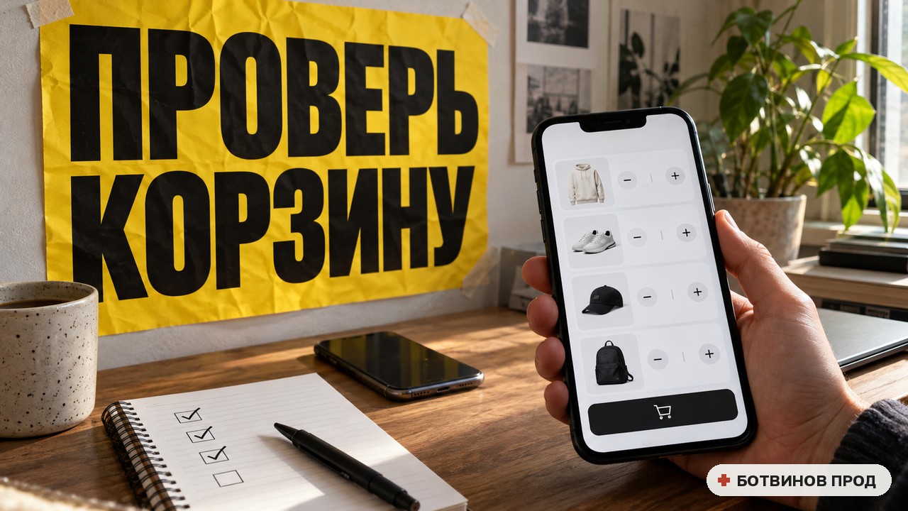 Рука держит телефон с корзиной магазина и кнопками плюс и минус, на стене жёлтый плакат «Проверь корзину»