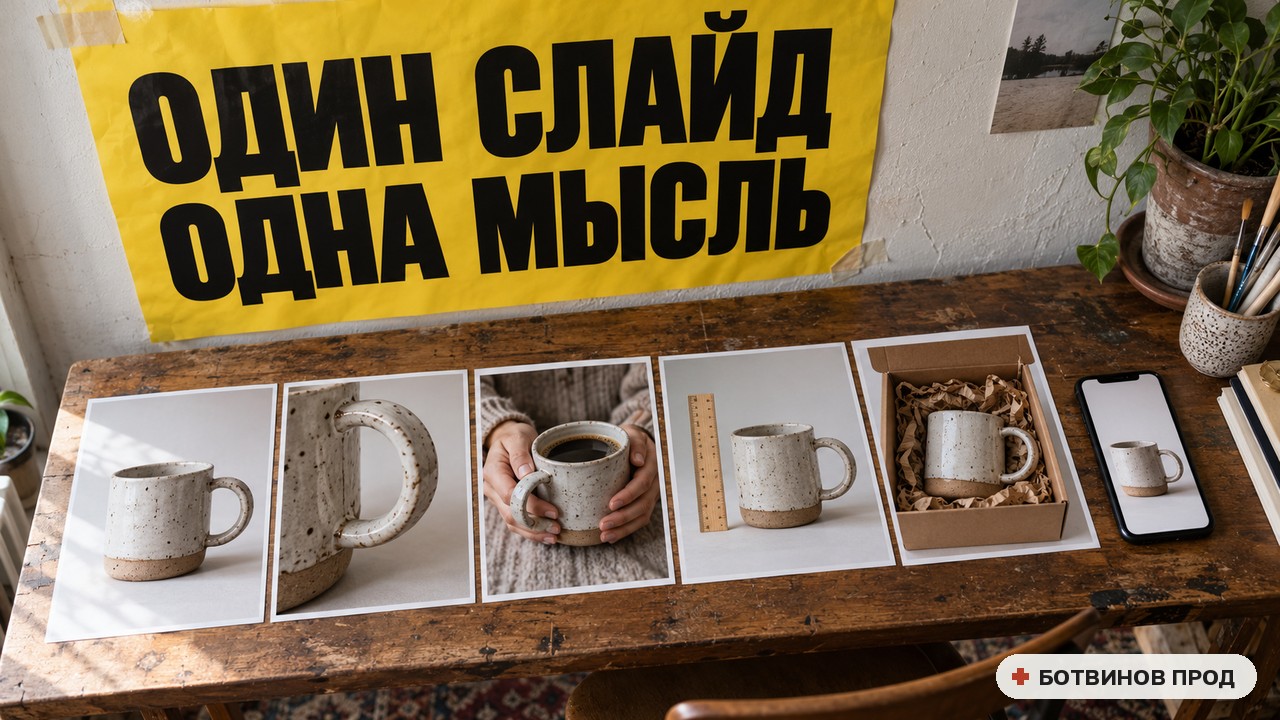 Пять распечатанных слайдов карточки керамической кружки в ряд, на стене жёлтый плакат «Один слайд, одна мысль»