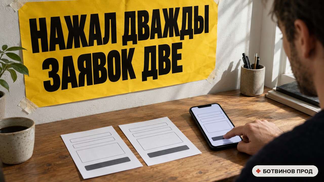 Палец нажимает кнопку формы на телефоне, рядом две одинаковые заявки, на стене жёлтый плакат «Нажал дважды — заявок две»