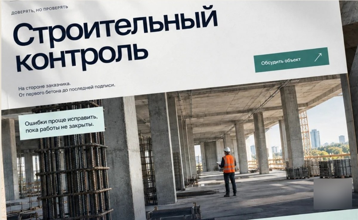 Первый экран «Строительный контроль» с кнопкой «Обсудить объект» и фото стройки; логотип скрыт