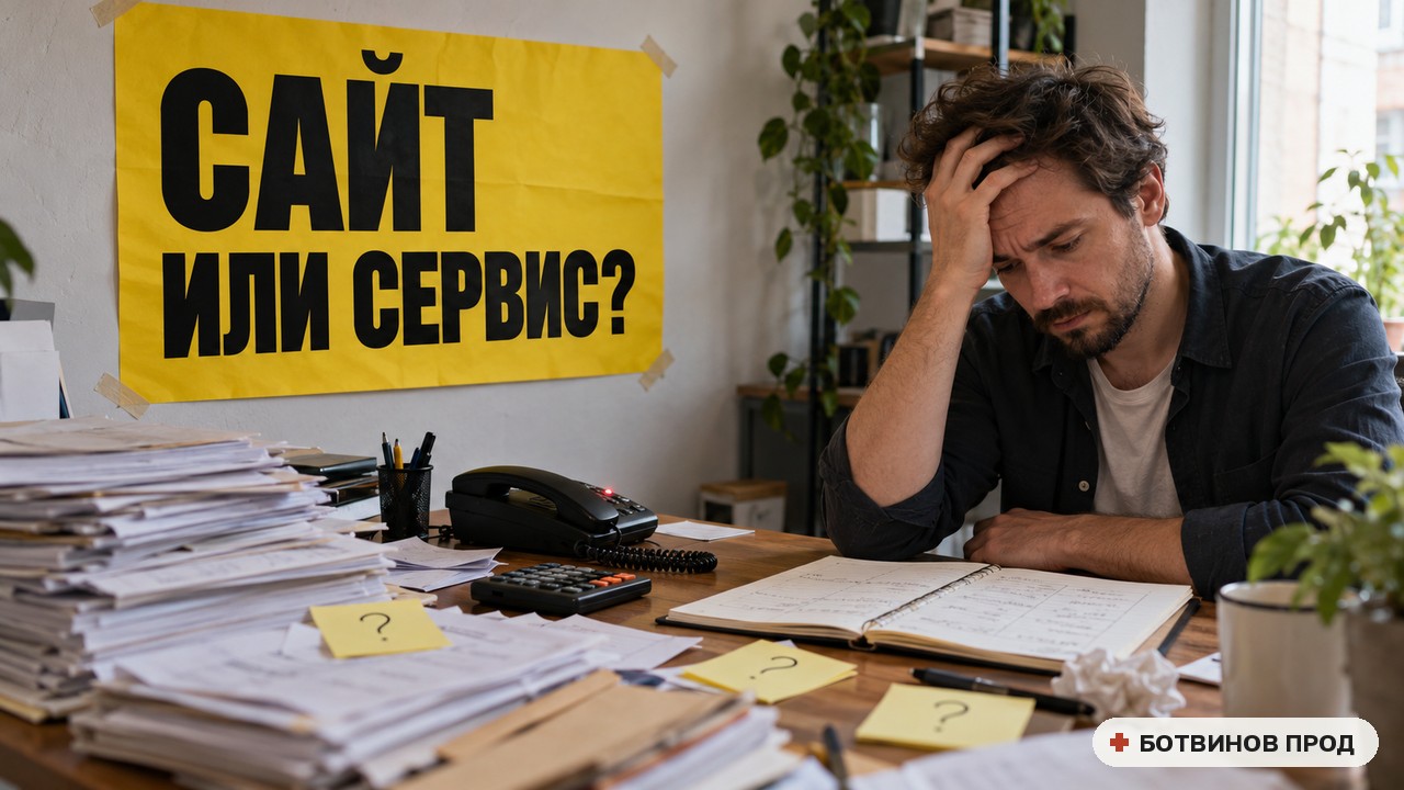 Владелец за столом с кипой бумажных заказов и стикерами держится за голову, на стене жёлтый плакат «Сайт или сервис?»