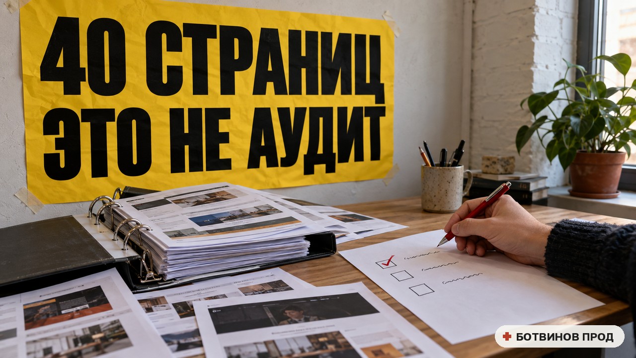 Толстая папка скриншотов и один лист со списком задач, на стене жёлтый плакат «40 страниц — это не аудит»
