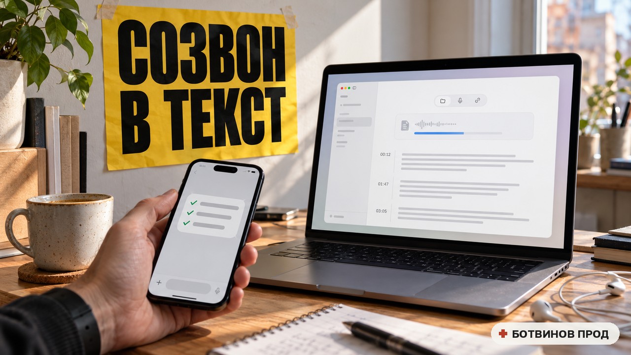 Ноутбук с расшифровкой созвона и телефон с коротким итогом; жёлтый плакат «СОЗВОН В ТЕКСТ»