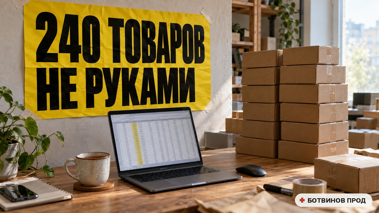 Ноутбук с таблицей товаров и стопка коробок, на стене жёлтый плакат «240 товаров не руками»